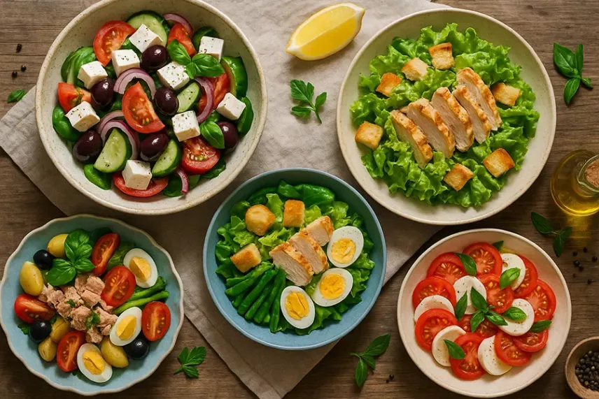 Popular European salads: Greek, Caesar, Niçoise, and Caprese on the table